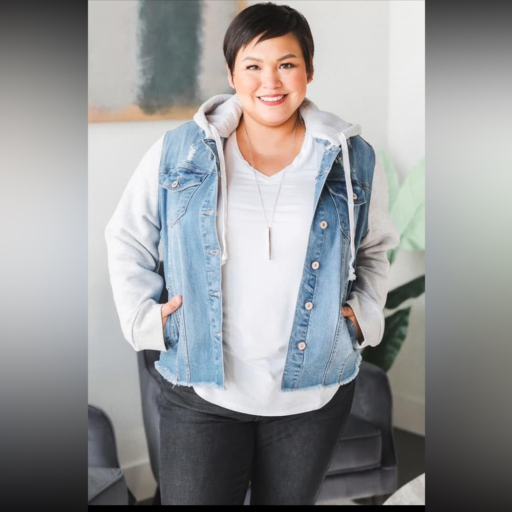 KanCan Jean Jacket with Knit Sleeves